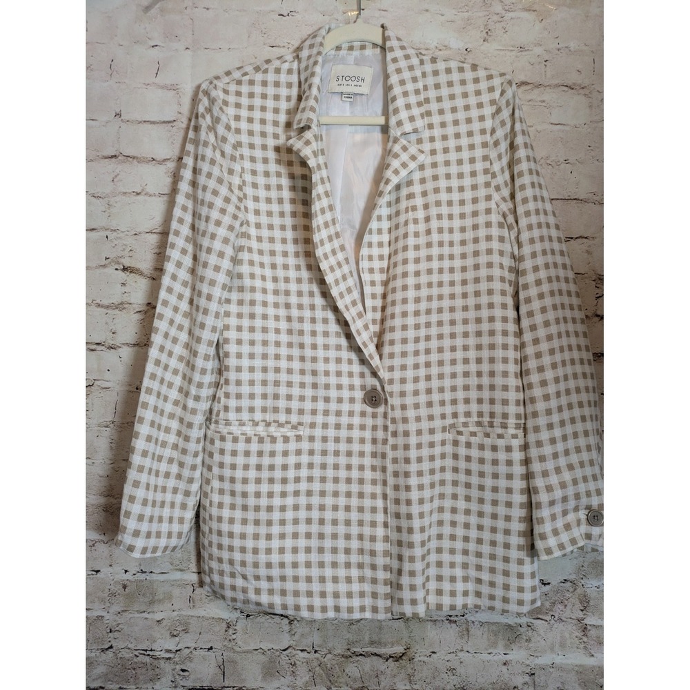 Stoosh Blazer Small Cream & Tan Plaid Linen Blend One Button Pockets Lightweight